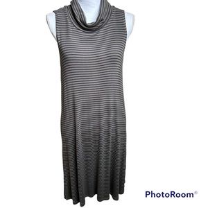 Olive green/taupe and dark grey striped knit knee length dress with cowl neck.